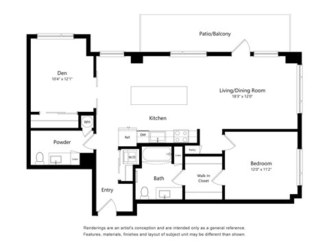 A floor plan of a home with a den, kitchen, living/dining room, bedroom, powder room, and entry.